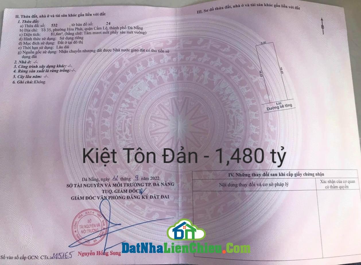 Bán đất Kiệt Tôn Đản, Diện tích 81m2, Giá Rẻ 1,480 tỷ
