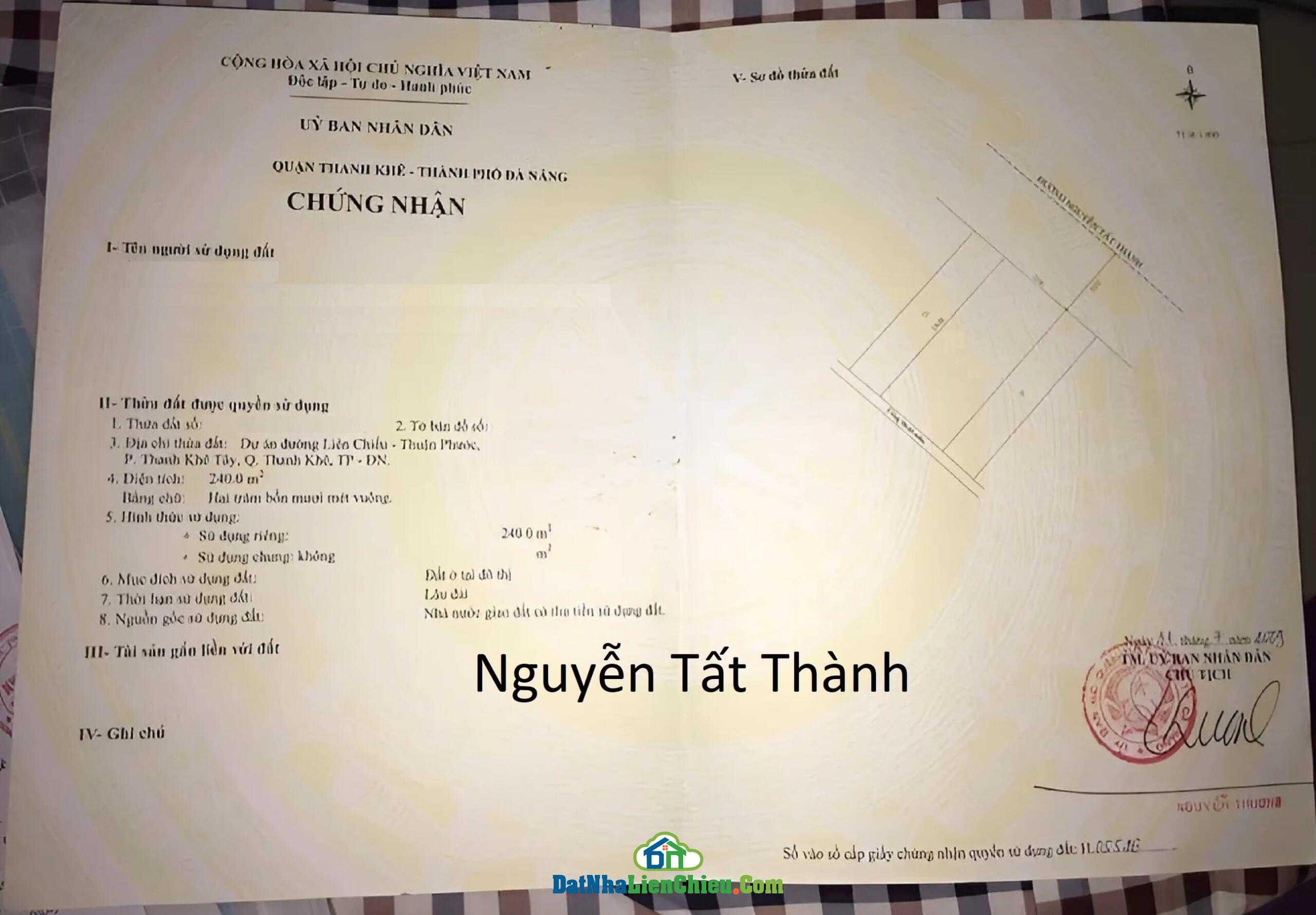 Bán Đất đường Nguyễn Tất Thành, Quận Thanh Khê, Đà Nẵng, 240m2, Giá RẺ 2024