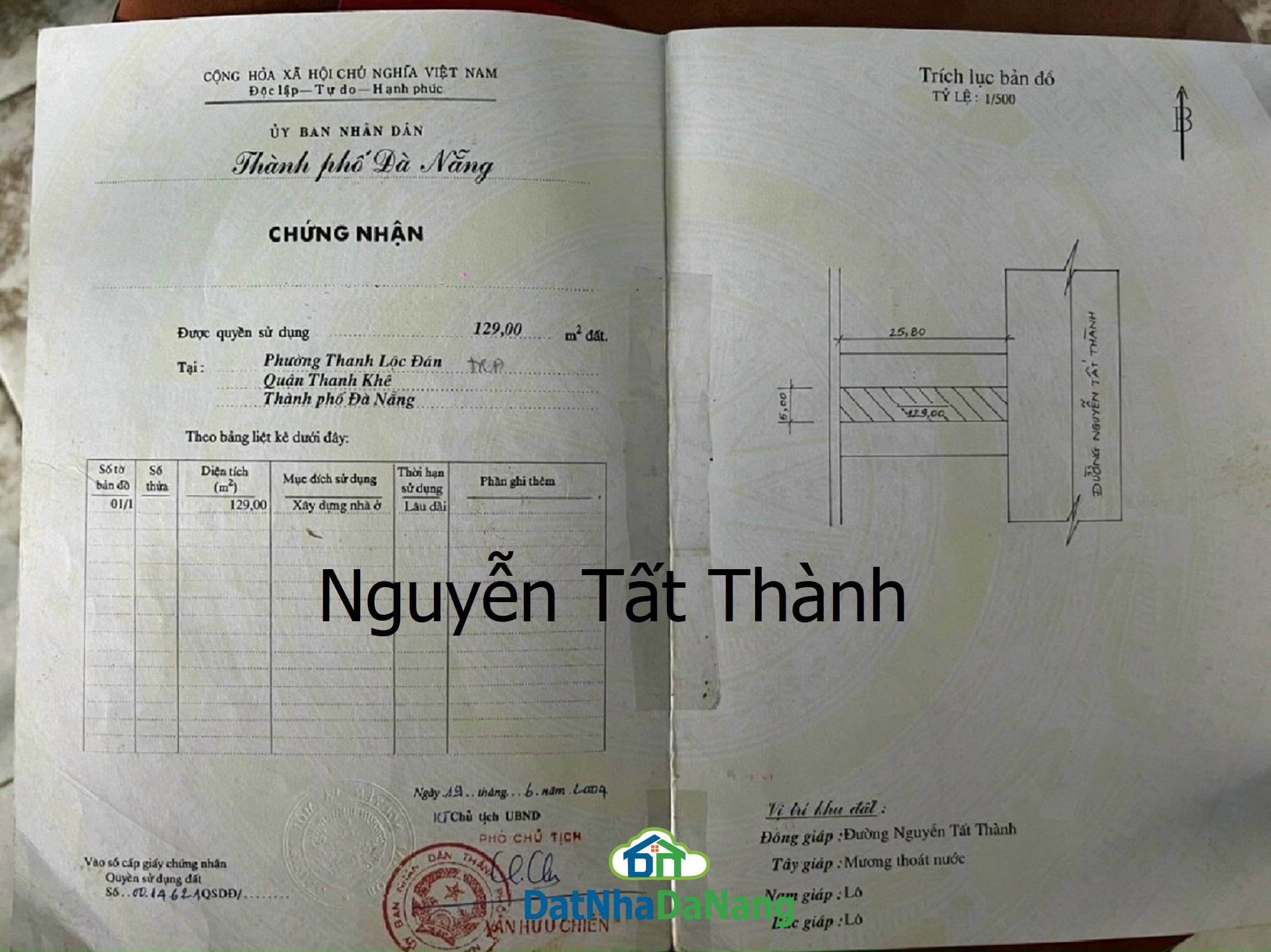 Bán đất đường Nguyễn Tất Thành, Quận Thanh Khê, Đà Nẵng, Giá Rẻ 9,5 tỷ
